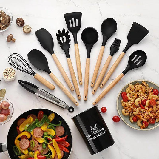 12-Piece Wooden Handle Silicone Kitchen Utensil Set – Heat Resistant, Non-Stick & Durable