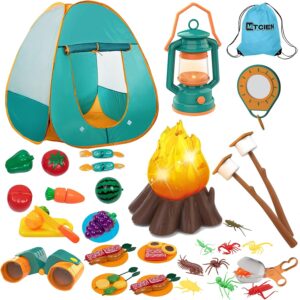 Mitcien Kids Camping Gear Set with Play Tent Pretend Campfire Fruits Marshmallow Toys Camping Toys Toddlers Boys Girls Indoor Outdoor Explore Adventure Toys