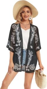 CHICALLURE Womens Summer Tops Kimono Cardigan Floral Beach Cover up Casual Jackets Shirts, cute womens tops, elbow length womens tops, womens summer tops, summer tops with sleeves, women summer tops, long summer tops, cute womens summer tops, basic summer tops, kimono cardigan womens, beach cover up dresses