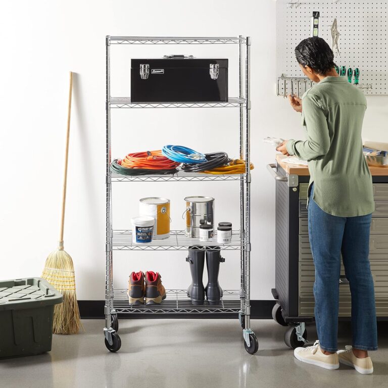 Amazon Basics 5-Shelf Adjustable, Heavy Duty Storage Shelving Unit on 4'' Wheel Casters, Metal Organizer Wire Rack, Chrome (30L x 14W x 64.75H)
