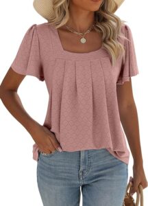 isermeo Summer Tops for Women Pleated Square Neck Ruffle Sleeve Shirts Casual Loose Flowy Curved Hem Tunic S-XXL