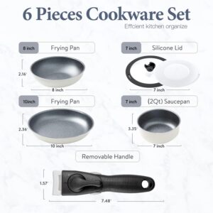 Motase 6 Pieces Kitchen Nonstick Cookware Sets with Removable Handle,