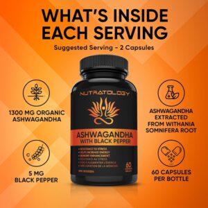 Organic Ashwagandha With Black Pepper For Improved Absorption. Resistant To Stress, Increases Energy Levels & Supports Memory Enhancement - 650MG... 