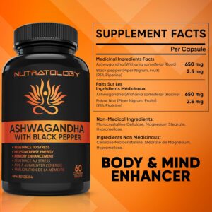 Organic Ashwagandha With Black Pepper For Improved Absorption. Resistant To Stress, Increases Energy Levels & Supports Memory Enhancement - 650MG... 